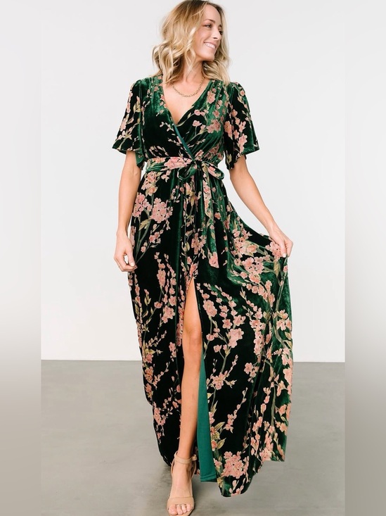Baltic Born Dresses & Skirts - Baltic Born Uma Velvet Maxi Dress green with pink floral pattern Large GUC